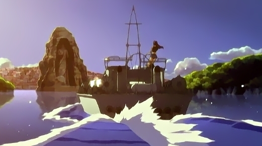 Loď vjíždí do zátoky - screenshot ze seriálu Black Lagoon